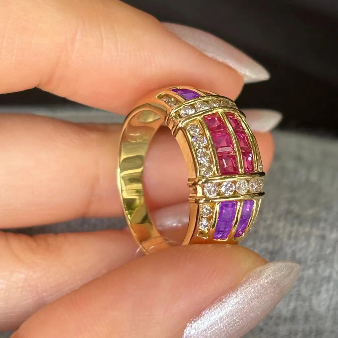 Purple Pink Baguette Crystal CZ Anti Tarnish Free Size Ring Bulk