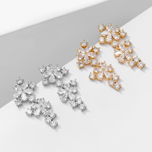 Floral Flower 18K Gold CZ Anti Tarnish Dangler Earring Bulk Main image