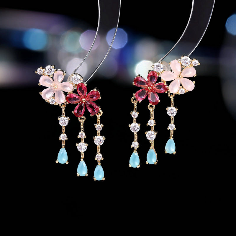 Floral Flower 18k Gold Plated Pink Red Crystals Cubic Zirconia Anti Tarnish Dangler Earrings For Women Main image