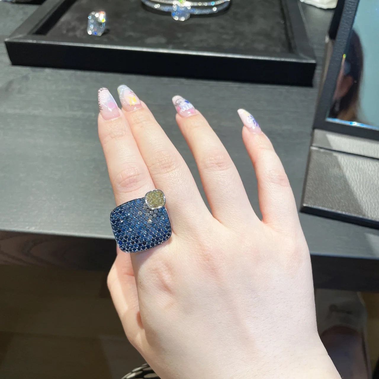 Square Yellow Blue CZ Silver Anti Tarnish Free Size Ring Bulk