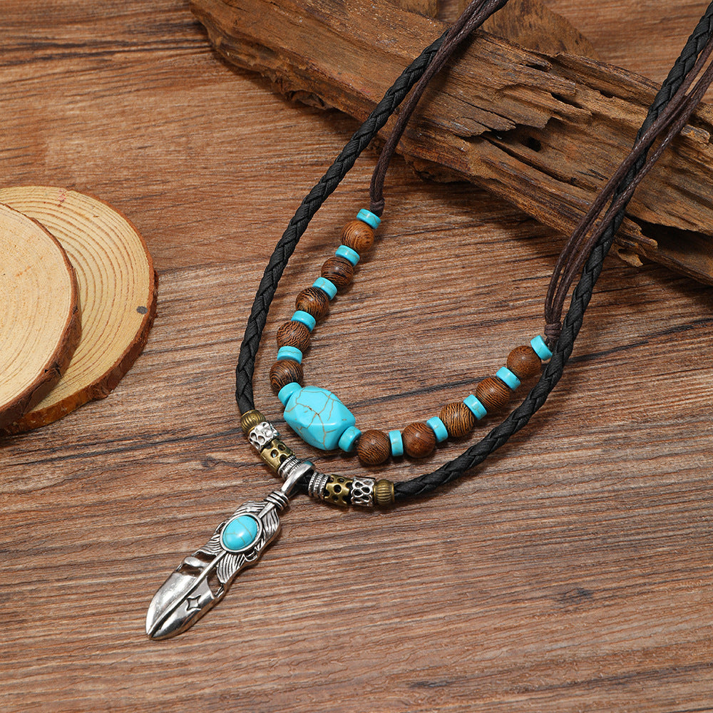 Feather Turquoise Green Brown Beads Wooden Dual Layer Rope Necklace For Women Main image