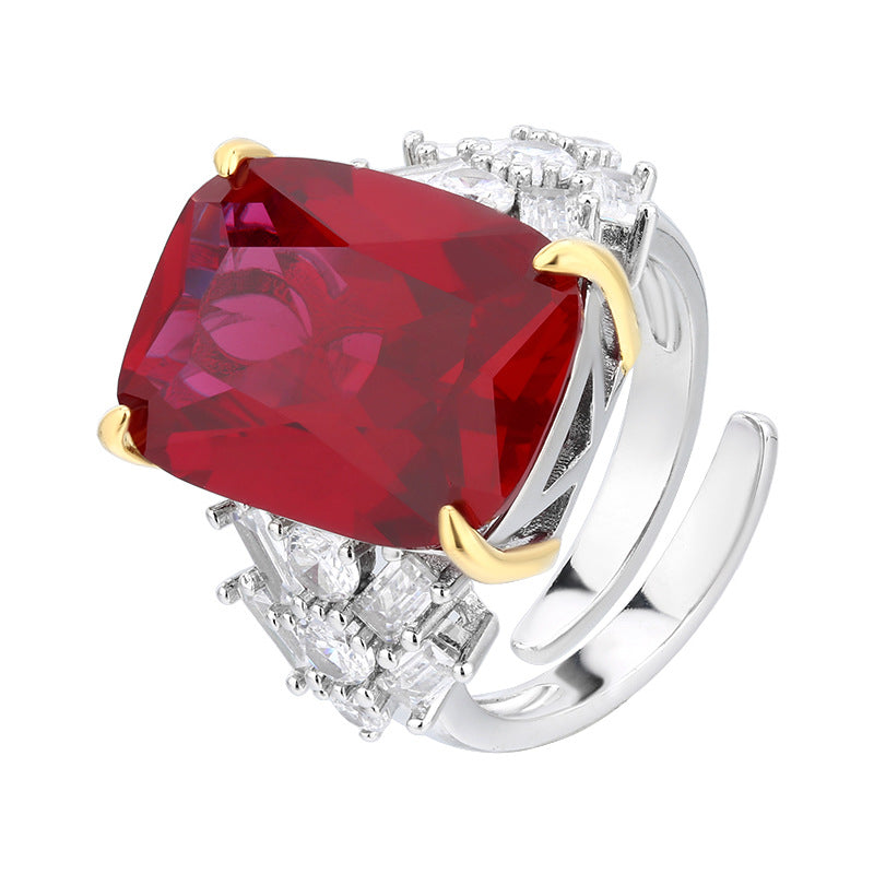Rectangle Red Corundum Cubic Zirconia Silver Adjustable Ring Bulk