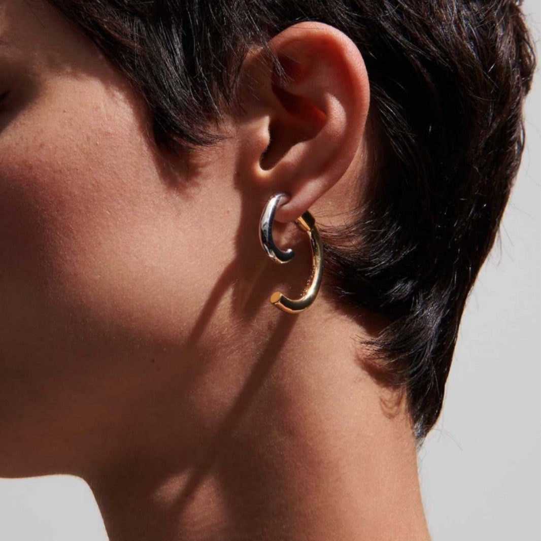Open C-Hoop Dual Tone Gold Silver Stainless Steel Stud Earrings Bulk