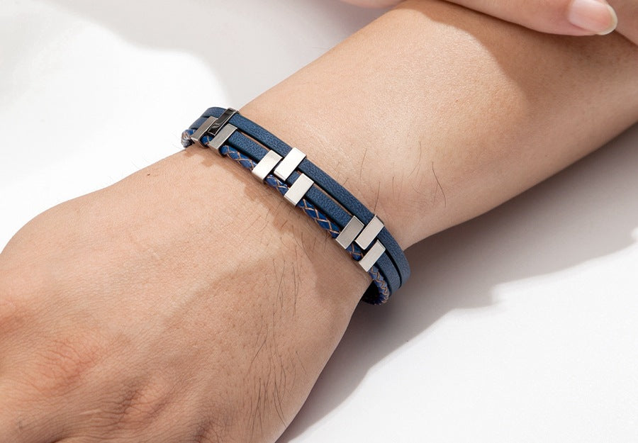 Layer Black Brown Blue Silver Leather Stainless Steel Bracelet Bulk