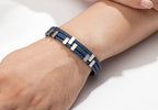 Layer Black Brown Blue Silver Leather Stainless Steel Bracelet Bulk