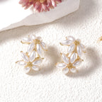 Dual Flower Pearl White 18K Gold Stud Earring For Women Bulk