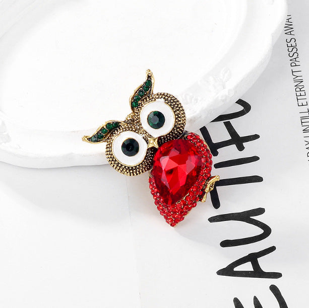 Red Blue Owl Gold Cubic Zirconia Copper Brooch For Women Bulk