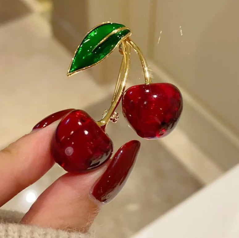 Red Cherry Gold Enamel Brooch For Women