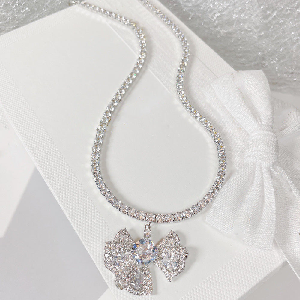 Luxury Silver Plated CZ Crystal Bow Anti Tarnish Copper Necklace Bulk