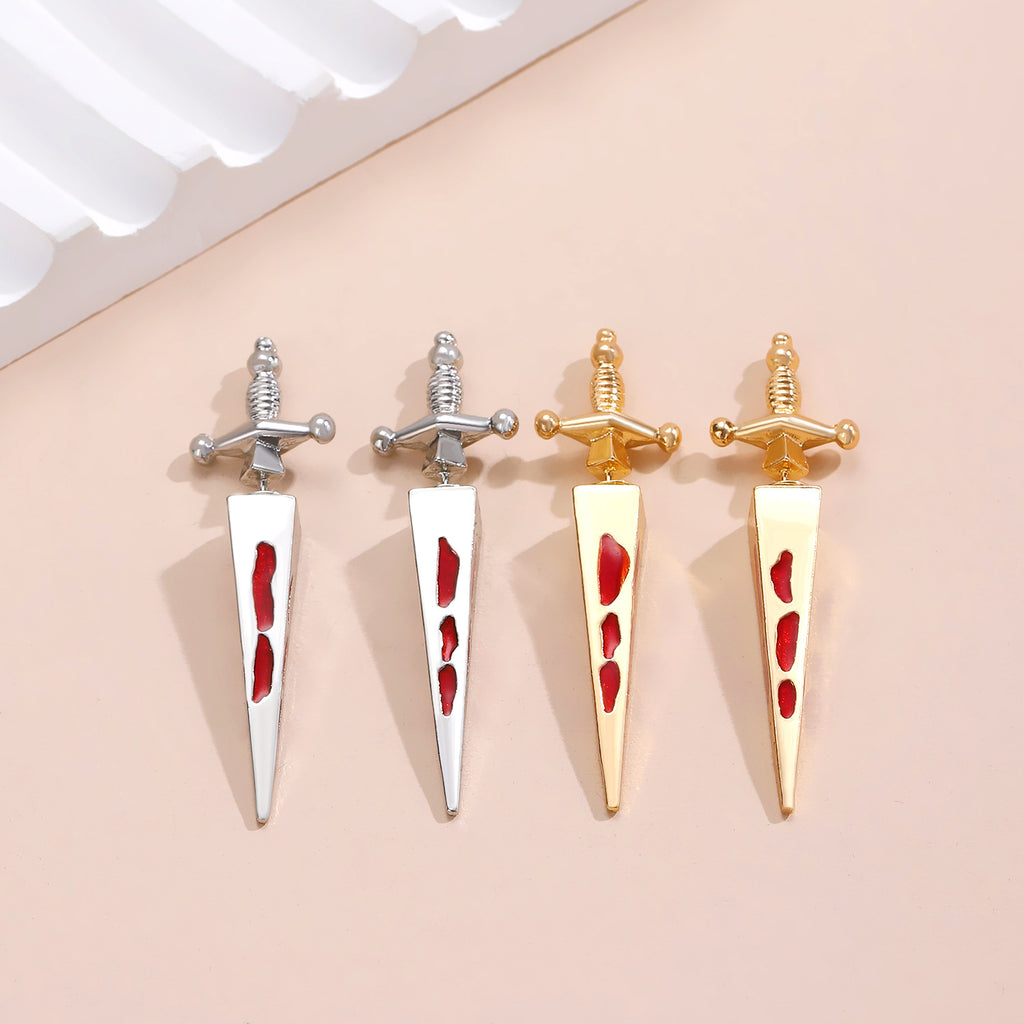 Glossy Red Dagger Sword Gold Silver Rhinestone Drop Earrings Wholesale