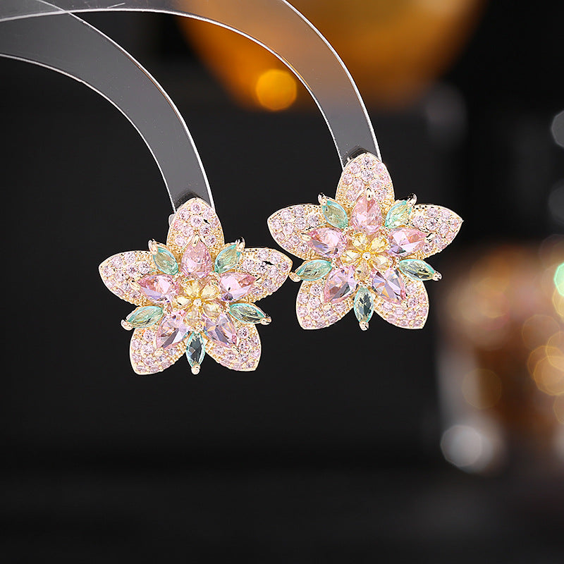 Floral Star Flower Black Green Pink Cubic Zirconia Crystal Anti Tarnish Stud Earring For Women