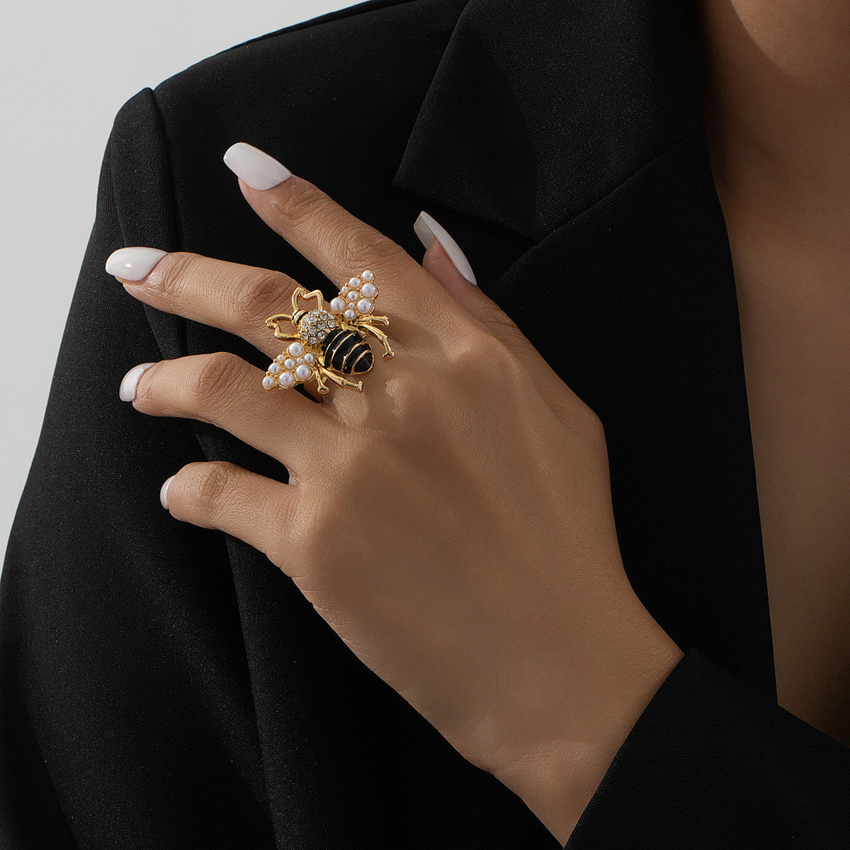 Insect Honeybee Pearl CZ Enamel Black 18K Gold Adjustable Ring Bulk