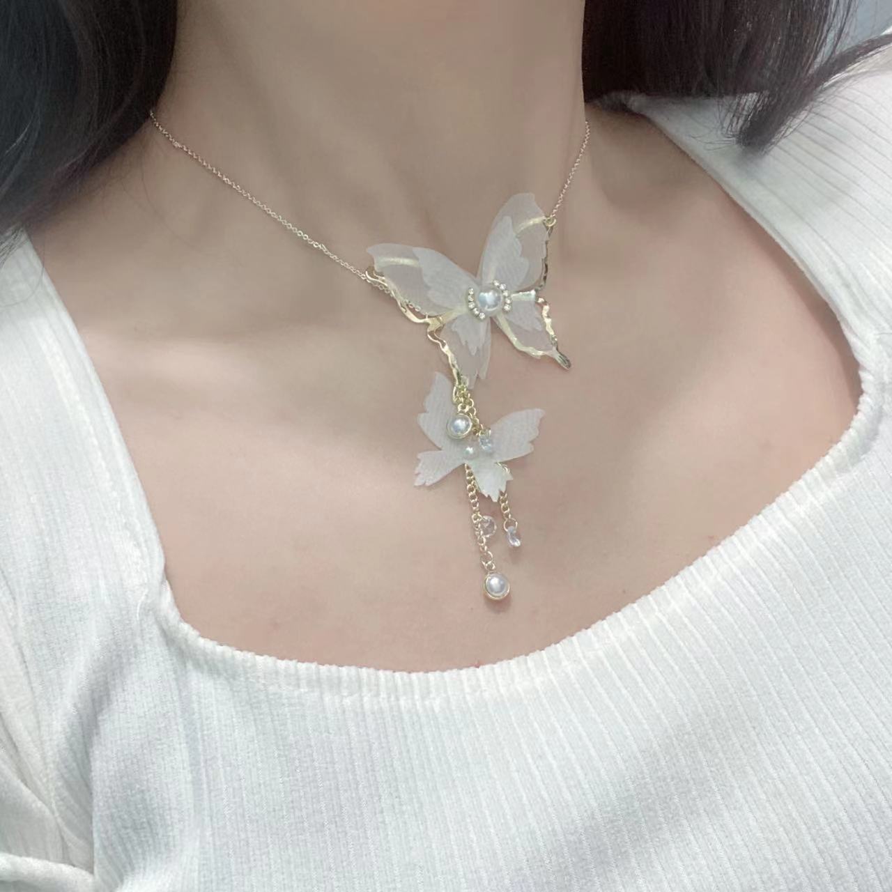 Fairy 18K Gold Long Butterfly White Pearl Anti Tarnish Necklace Earrings Set For Women Main image