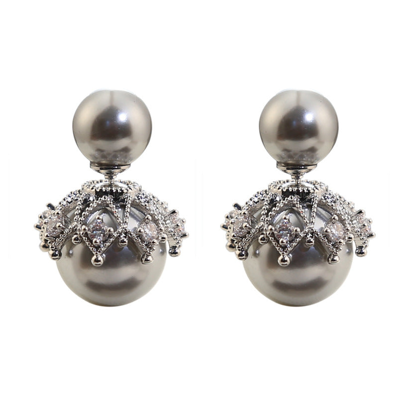 Designer Double Pearl Silver Plated CZ Copper Stud Earrings Bulk