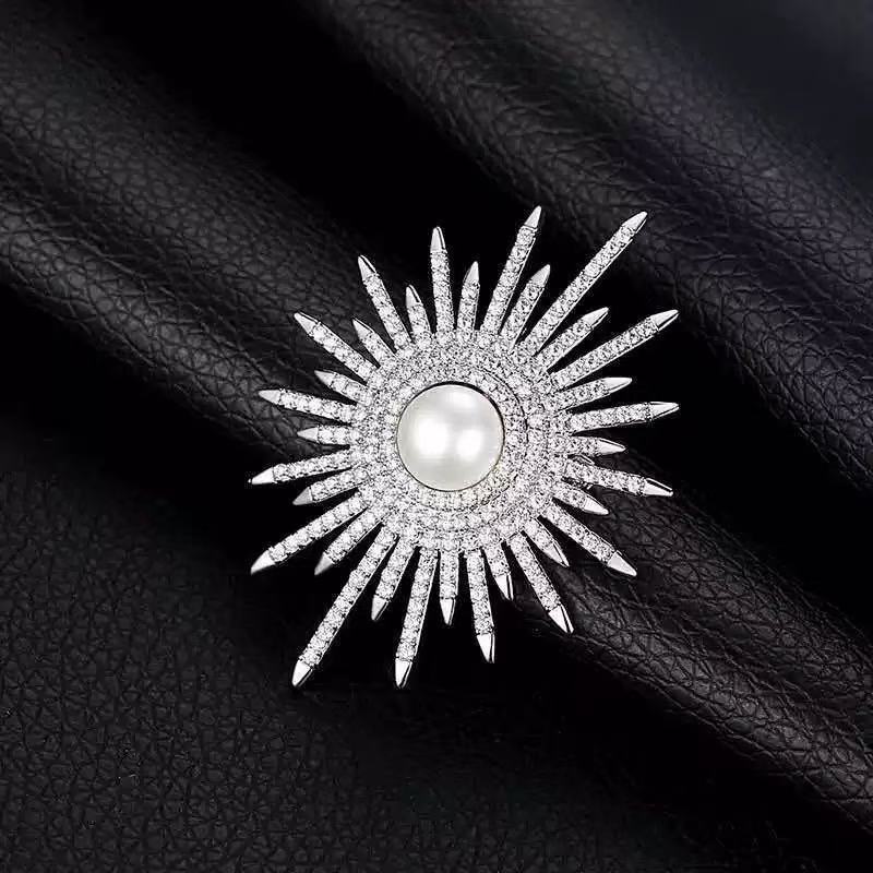Designer Sunburst Gold Silver Plated CZ Pearl Alloy Brooch Wholesale