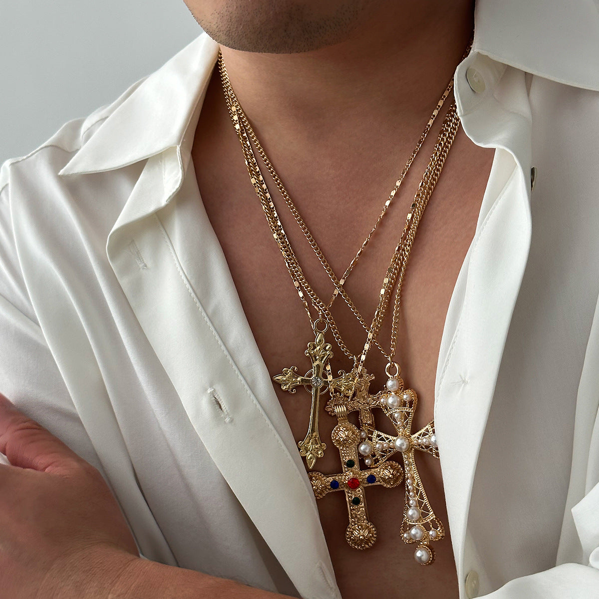 Jesus Cross Rosary 18K Gold Anti Tarnish Necklace Pendant Chain Bulk