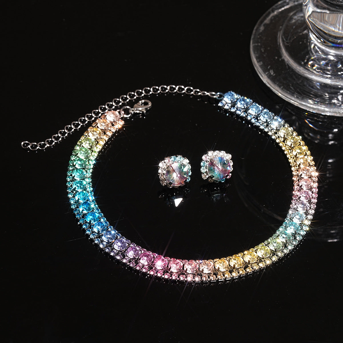 Multi Color Choker Tennis Silver Rhinestone Necklace Earring Set Bulk Secondary image