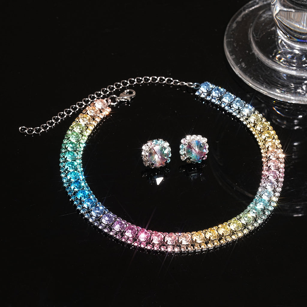 Multi Color Choker Tennis Silver Rhinestone Necklace Earring Set Bulk