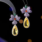 Floral Flower 18K Gold Plated Blue Yellow Pink Crystals Copper Drop Dangler Earrings For Women