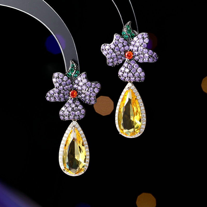 Floral Flower 18K Gold Plated Blue Yellow Pink Crystals Copper Drop Dangler Earrings For Women