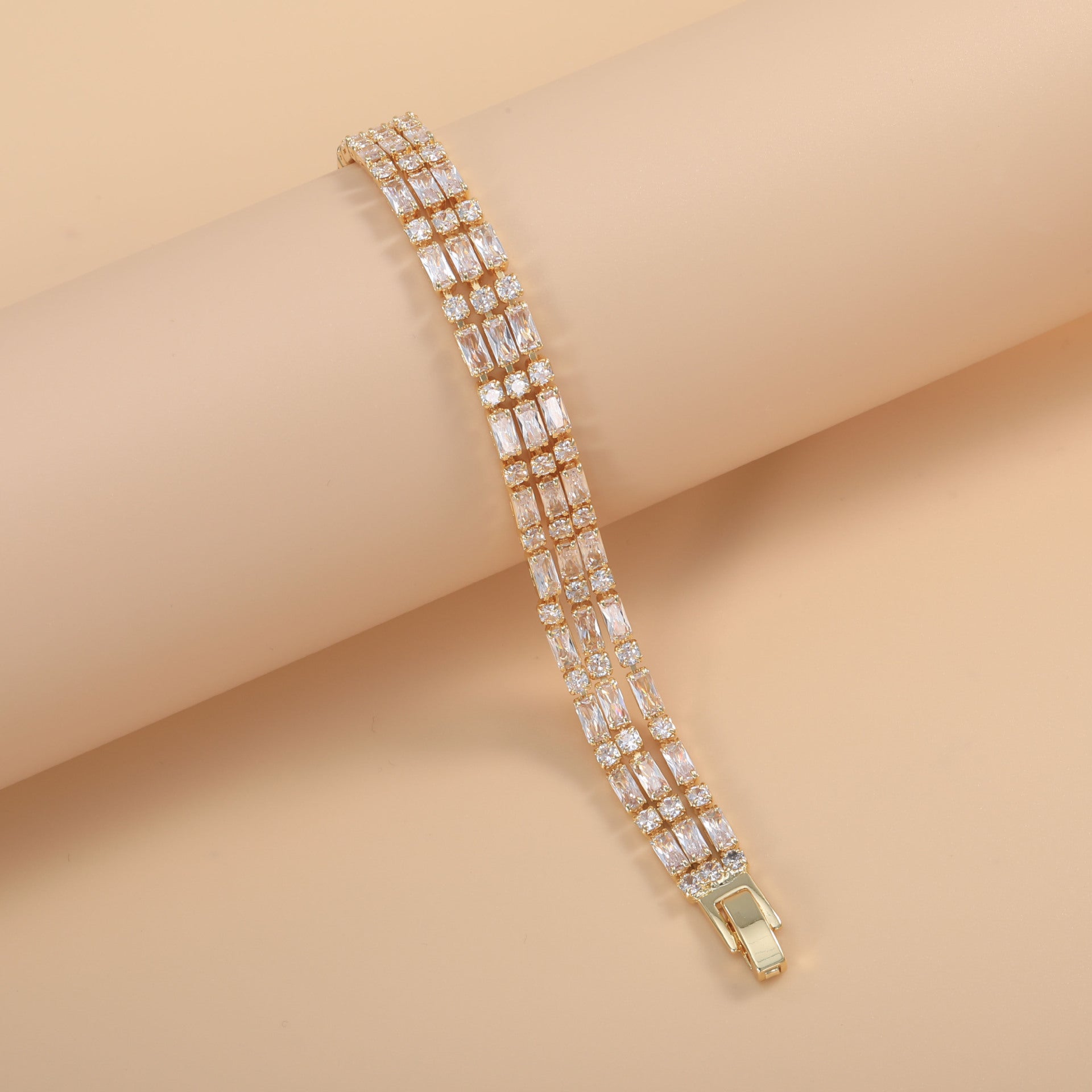 Bulk Triple Row Baguette & Round Gold Silver Plated CZ Copper Bracelet Main image