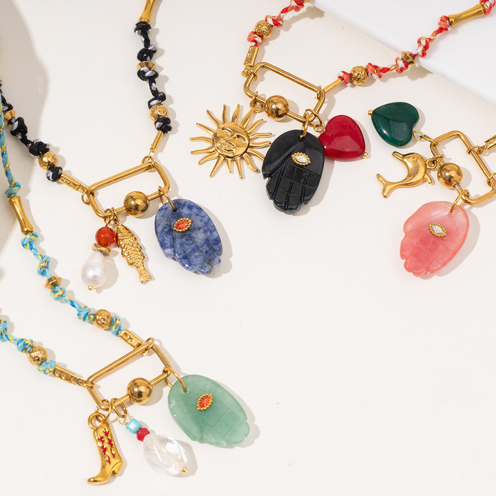 Hamsa Evil Eye Gold Pink Green Blue Black Beads Threads Necklace Bulk