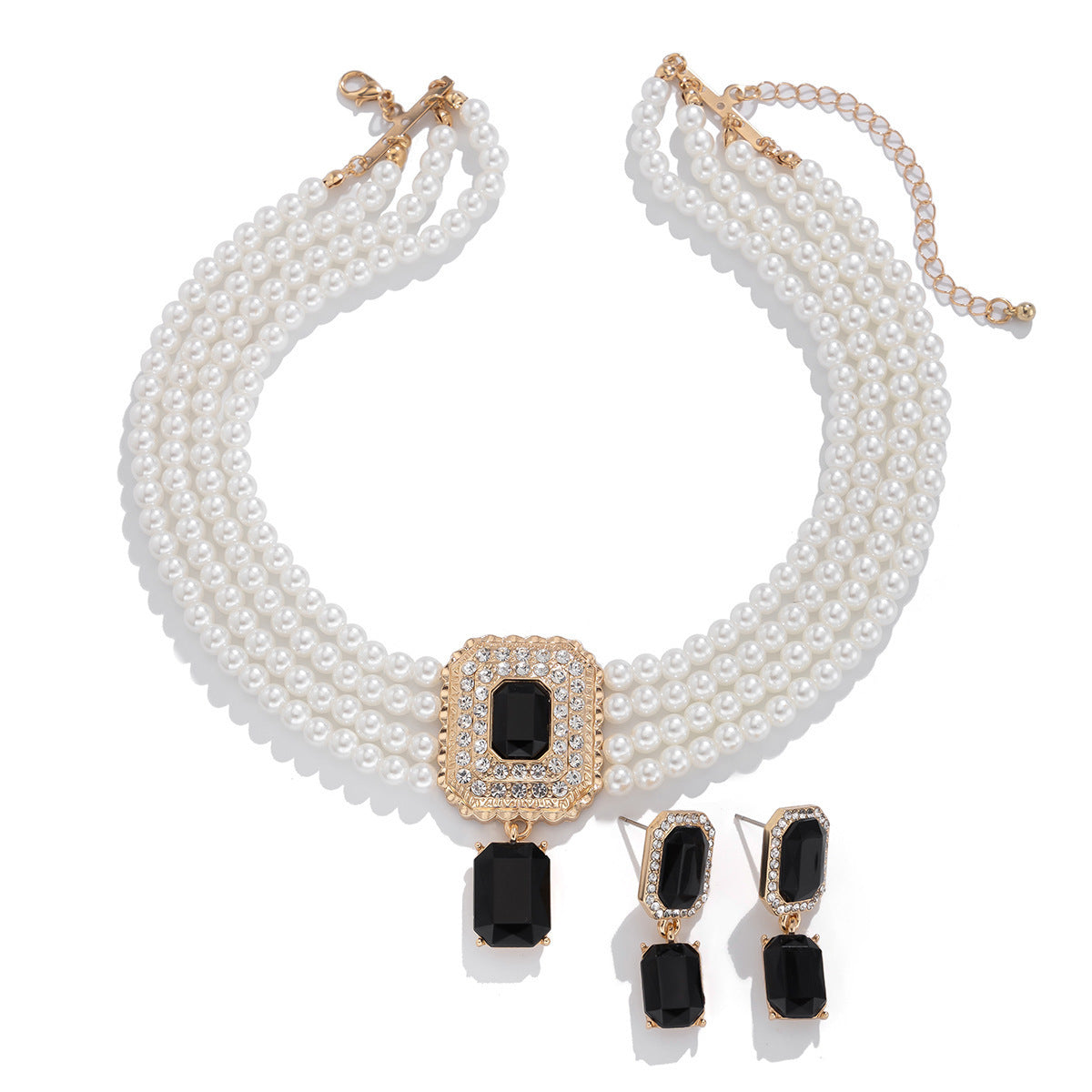 Cushion Black White 18K Gold Pearl CZ Choker Necklace Earring Set Bulk