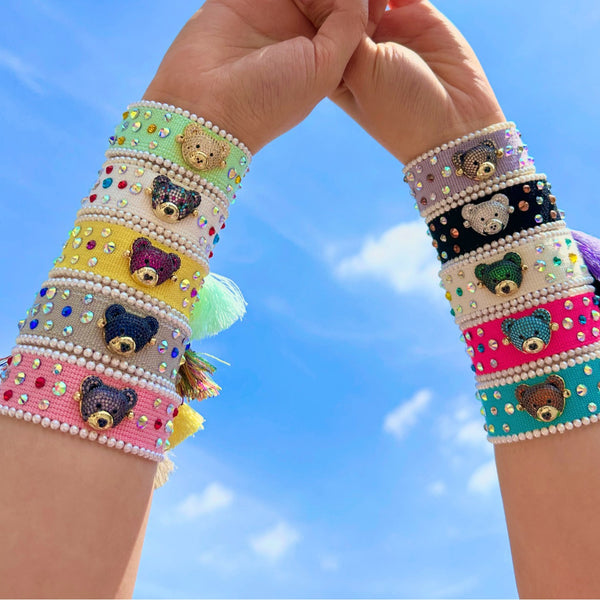 Teddy Bear Face Crystal Fabric Writ Band Threads Bracelet Bulk Main image