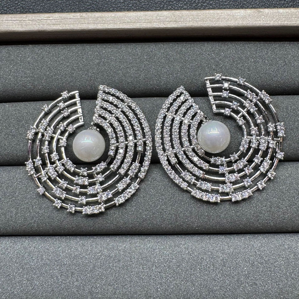 Silver Concentric Circular Cubic Zirconia Copper Stud Earrings Women Bulk