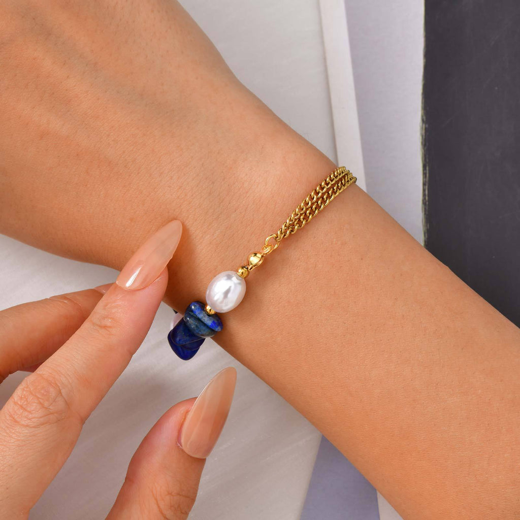 Bulk Blue White Mixed Stone Chain Gold Beads Stainless Steel Bracelet