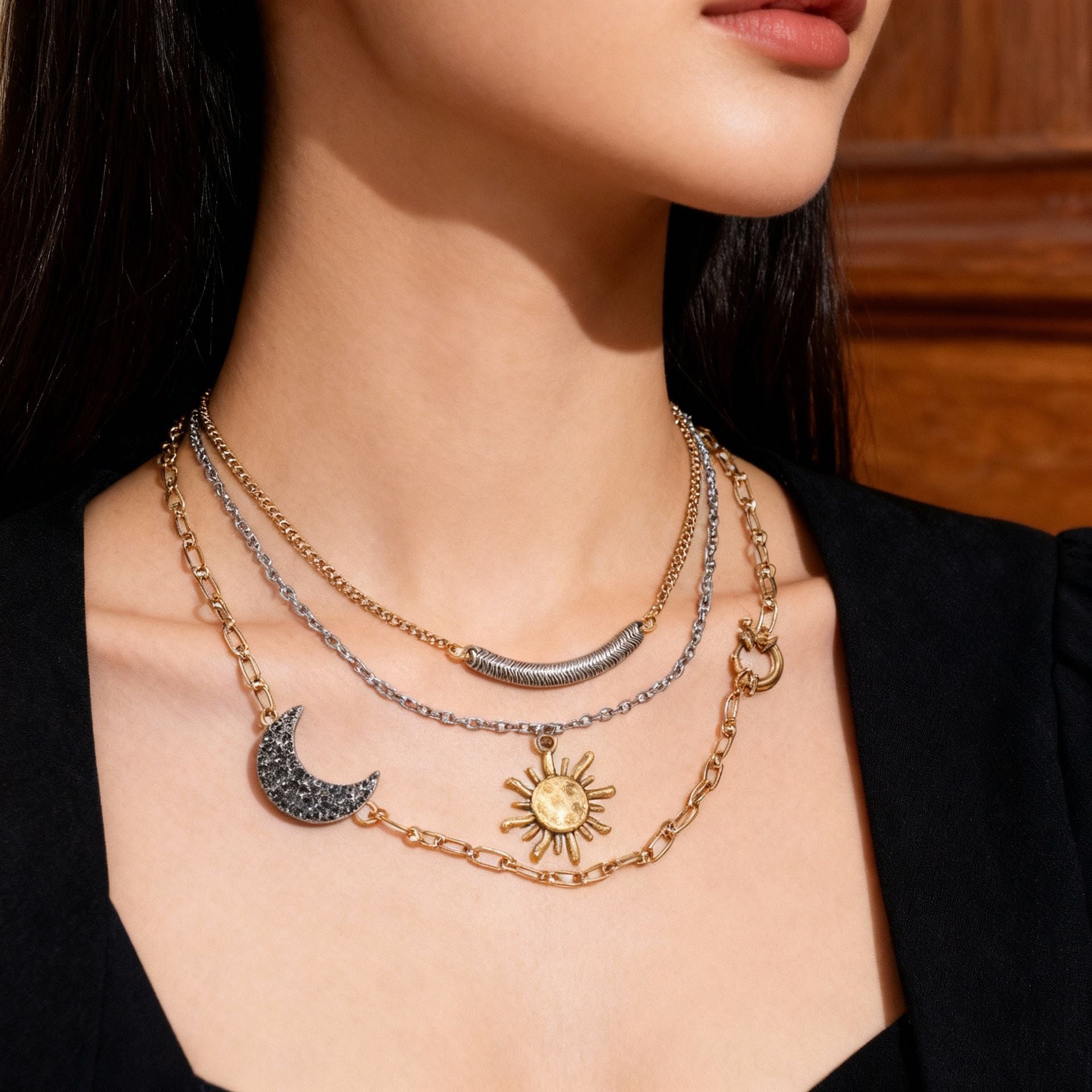 Multi-Layered Celestial Sun & Moon Charm Gold Silver Necklace Wholesale