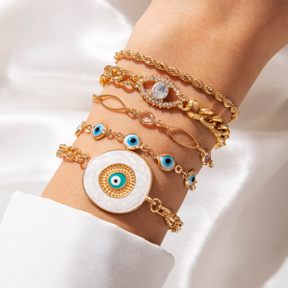 Evil Eye White 18K Gold Enamel Pearl CZ Bracelet Pack Of 5 Bulk Secondary image