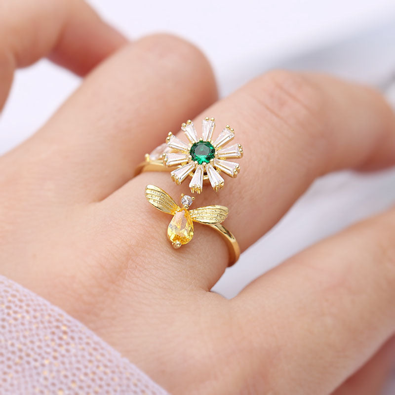 Bulk White Flower Honeybee Gold Plated CZ Copper Adjustable Fancy Ring Main image