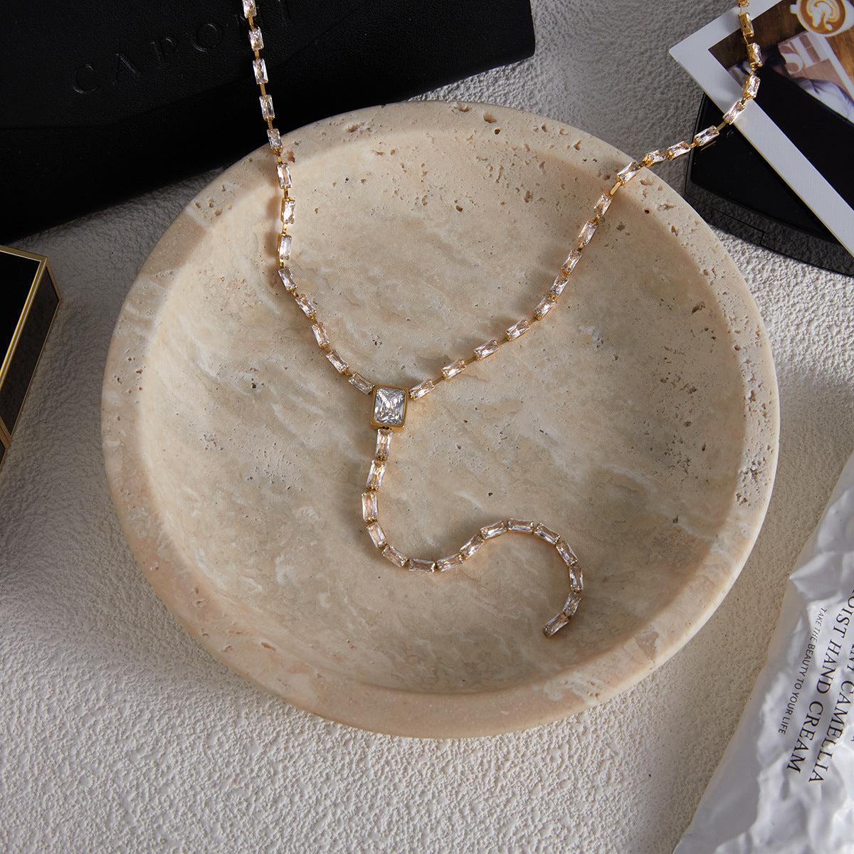 Gold Baguette Cubic Zirconia Stainless Steel Necklace For Women Bulk