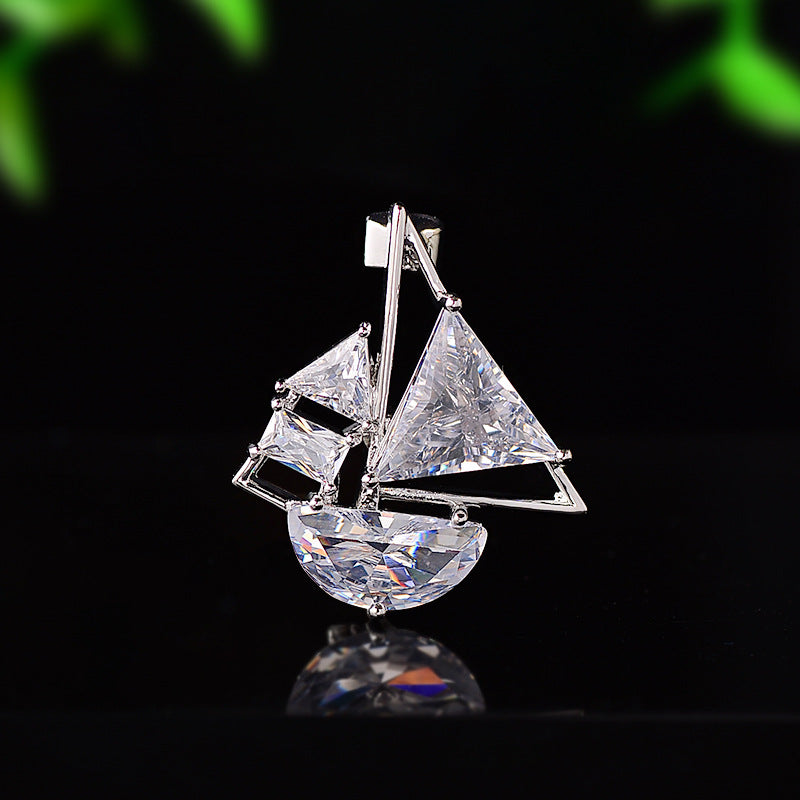 Modern Sailboat Style Gold Silver CZ Copper Anti Tarnish Brooch Bulk