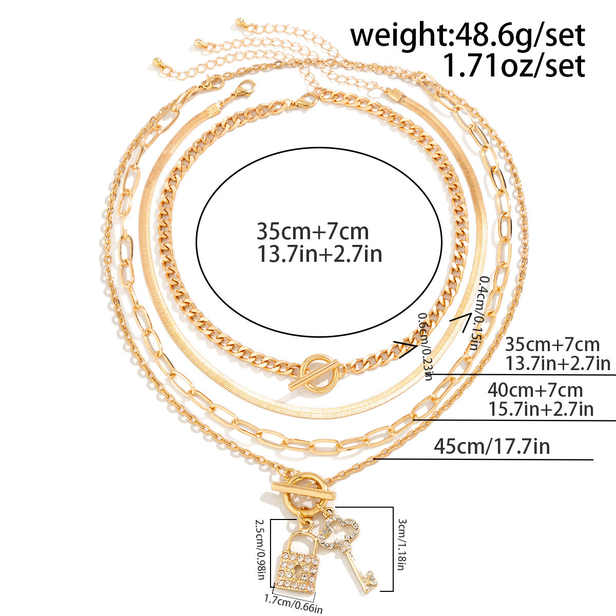 Key Lock 18K Gold Cubic Zirconia Curb Snake Chain Layer Necklace Bulk