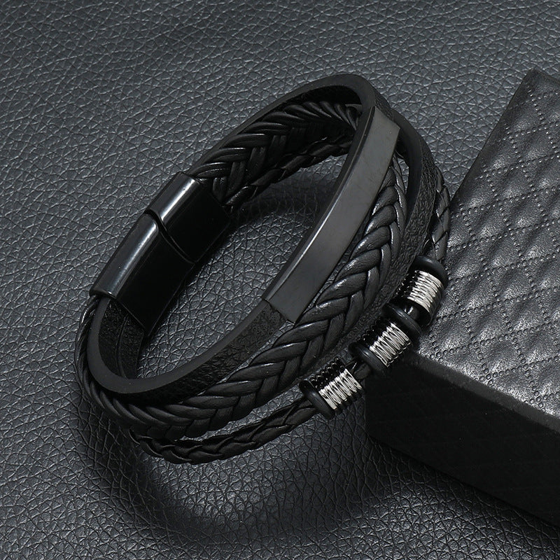 Rope Ring Black Brown Stainless Steel Multi Layer Wrist Band Id Leather Bracelet For Men