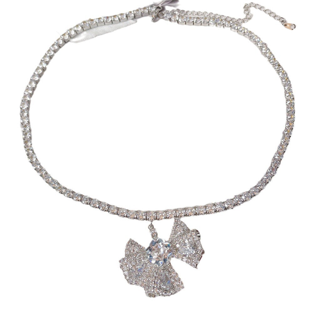 Luxury Silver Plated CZ Crystal Bow Anti Tarnish Copper Necklace Bulk