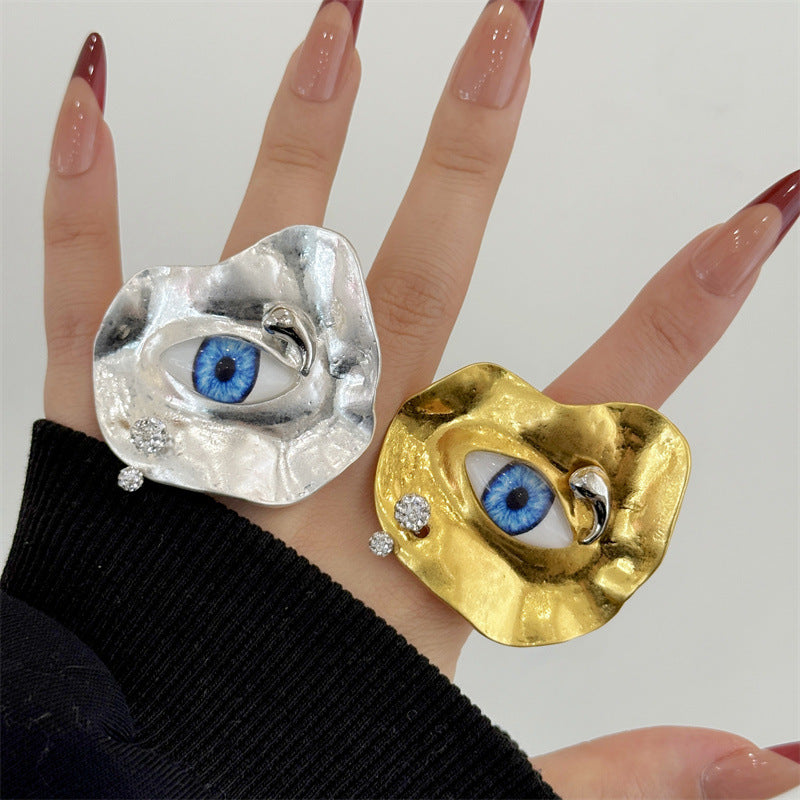 Beaten Finish Evil Eye Gold Blue Silver Adjustable Ring For Women
