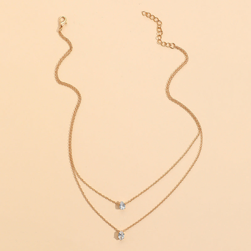 Oval Drop Solitaire 18K Gold Plated Cubic Zirconia Anti Tarnish Dual Layer Chain Necklace For Women