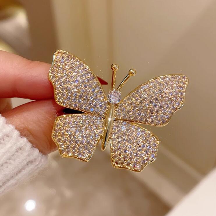 Gold Silver Butterfly Cubic Zirconia Copper Anti Tarnish Brooch For Women
