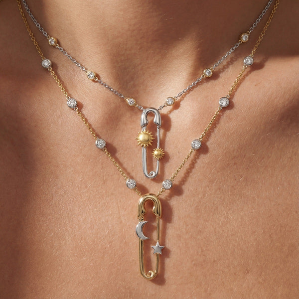 Celestial Safety Pin Style Rose Silver Gold CZ Copper Necklace Bulk Main image