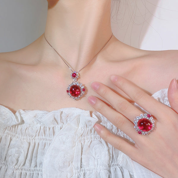 Oval Flower Red Blue Gemstone Silver Cubic Zirconia Anti Tarnish Pendant Chain Ring Set For Women Main image