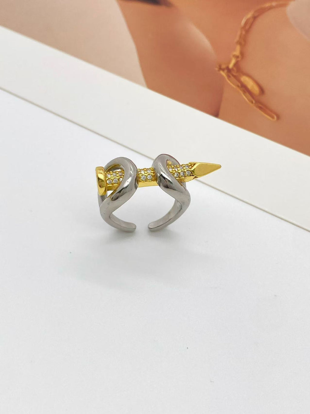 Gold Silver Nail Cubic Zirconia Copper Adjustable Ring For Women Bulk