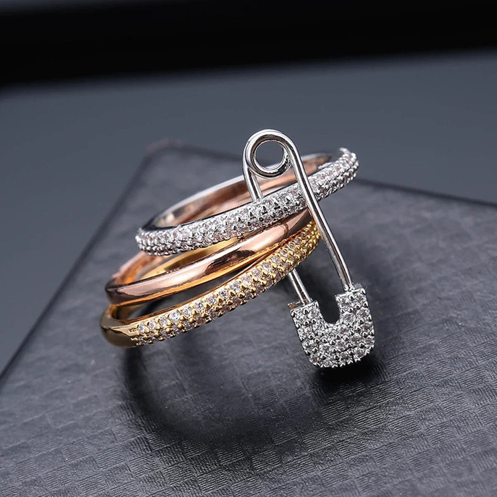 Safety Pin Multi Cubic Zirconia Anti Tarnish Band Ring For Women Bulk