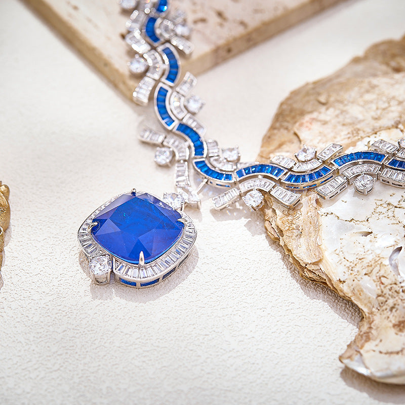Designer Royal Blue Wave Silver CZ Anti Tarnish Copper Necklace Bulk