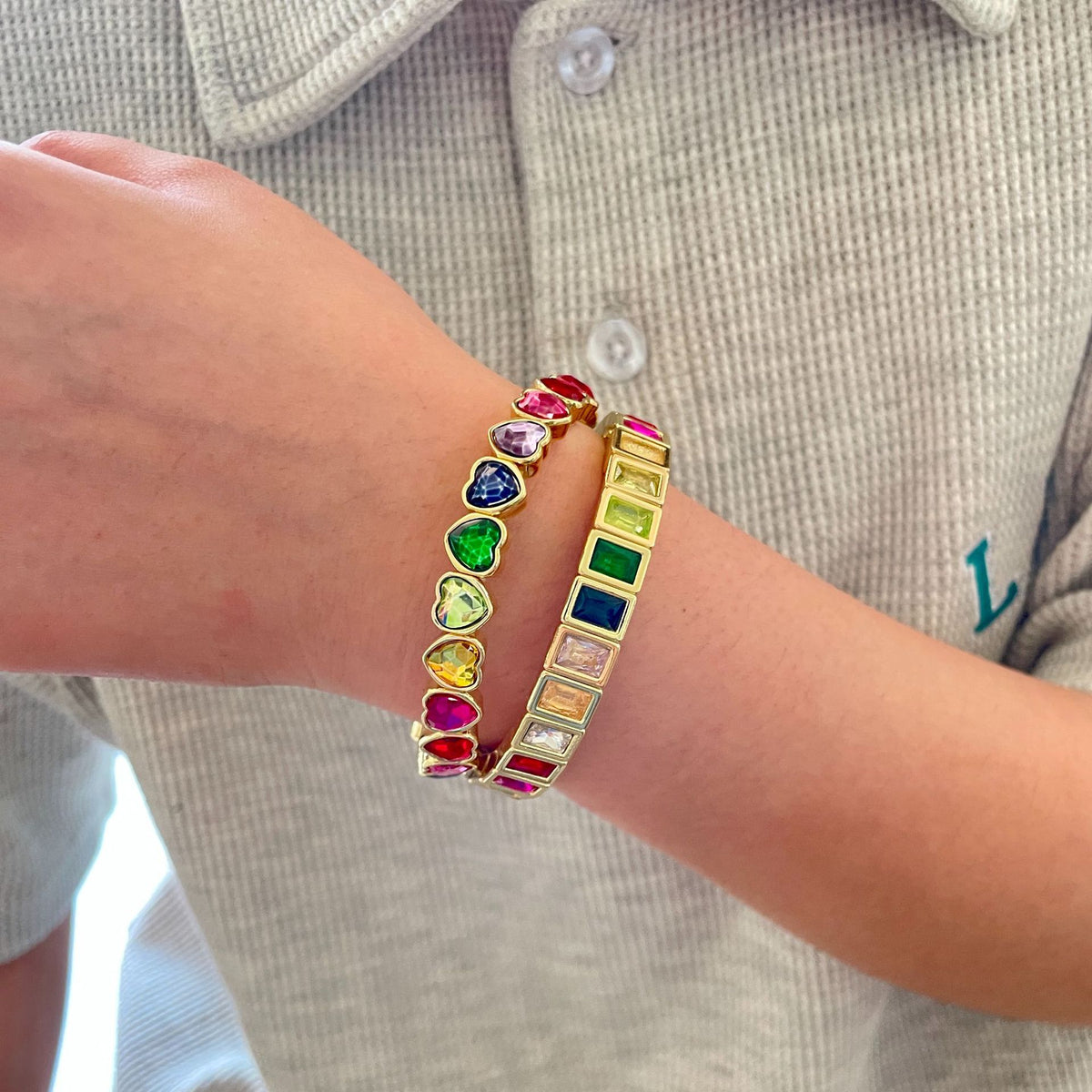 Multi Color Heart Tennis Rectangle Cubic Zirconia Copper Bracelet Bulk