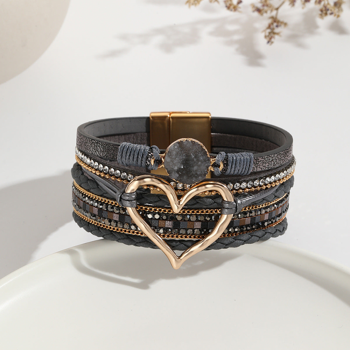 Heart Multi Layered Leather Bracelet Wrist Band For Women Bulk