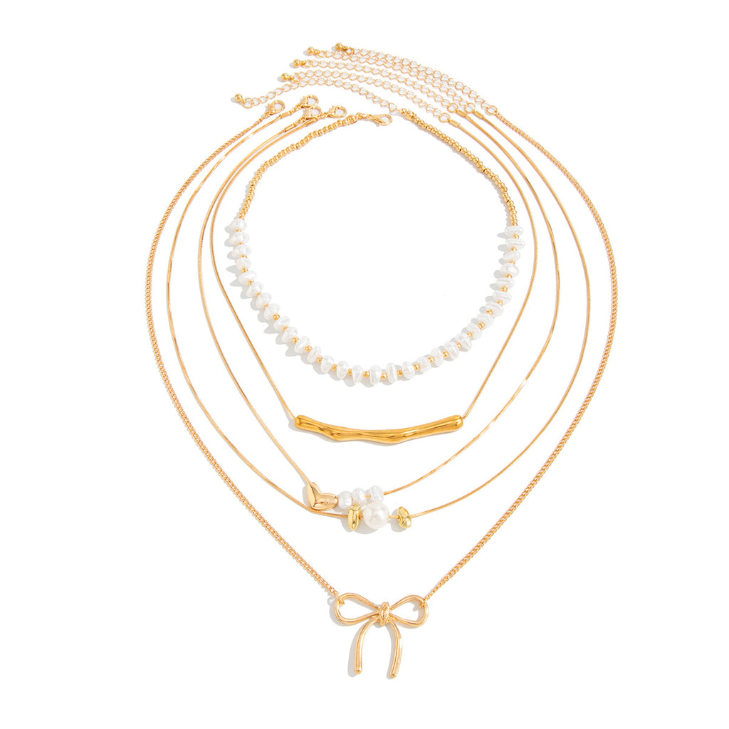 White Layered Heart & Bow Gold Plated Pearl Necklace For Women Bulk