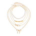 White Layered Heart & Bow Gold Plated Pearl Necklace For Women Bulk